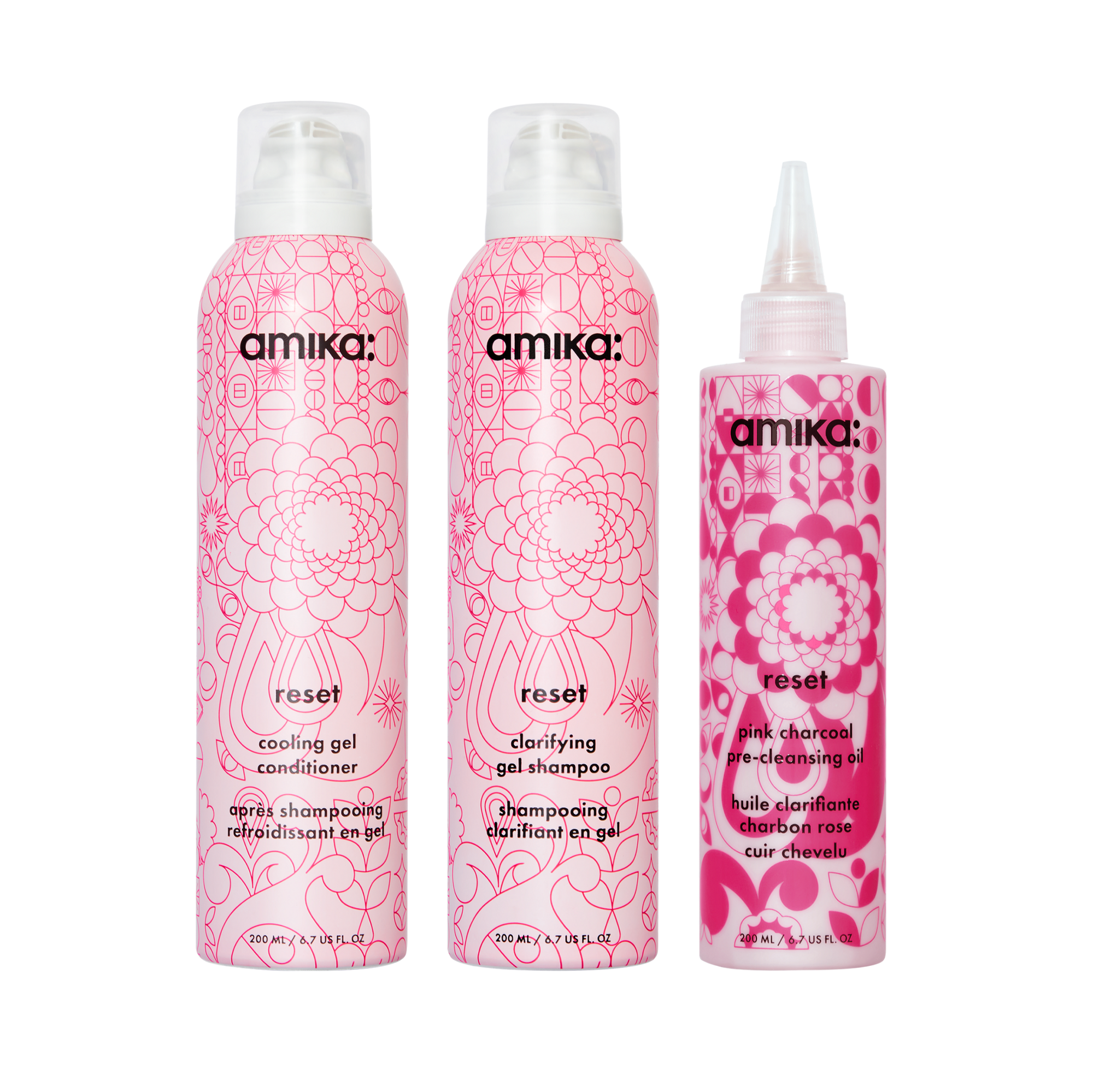 detox set reset clarifying gel shampoo, cooling gel conditioner + pink charcoal scalp cleansing oil